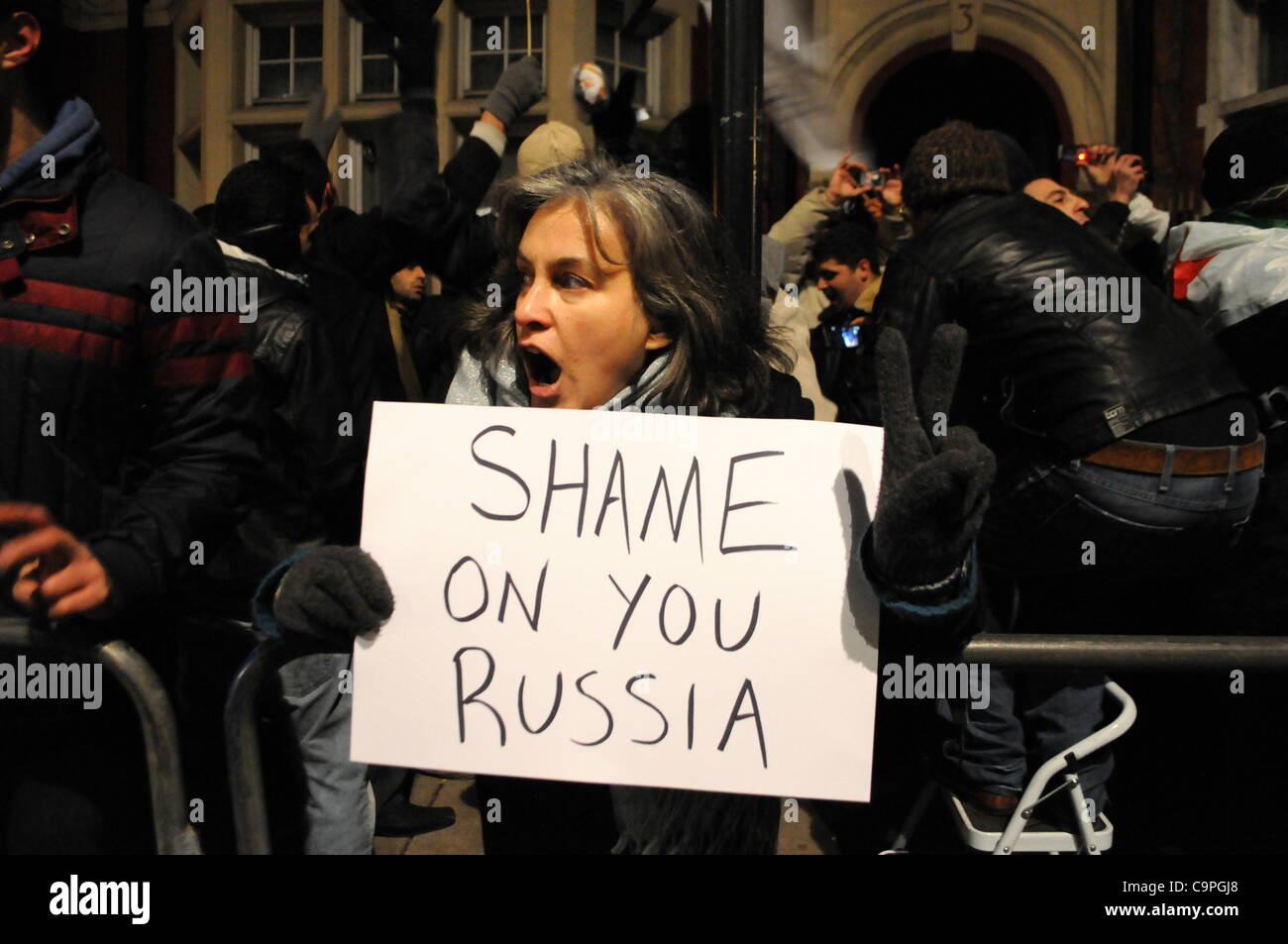 London, UK. 07/02/12. Syrians protest outside the Russian Embassy in London as similar demonstrations take place in cities across the world. the protest is in reaction to Russia's inaction in the UN. Stock Photo