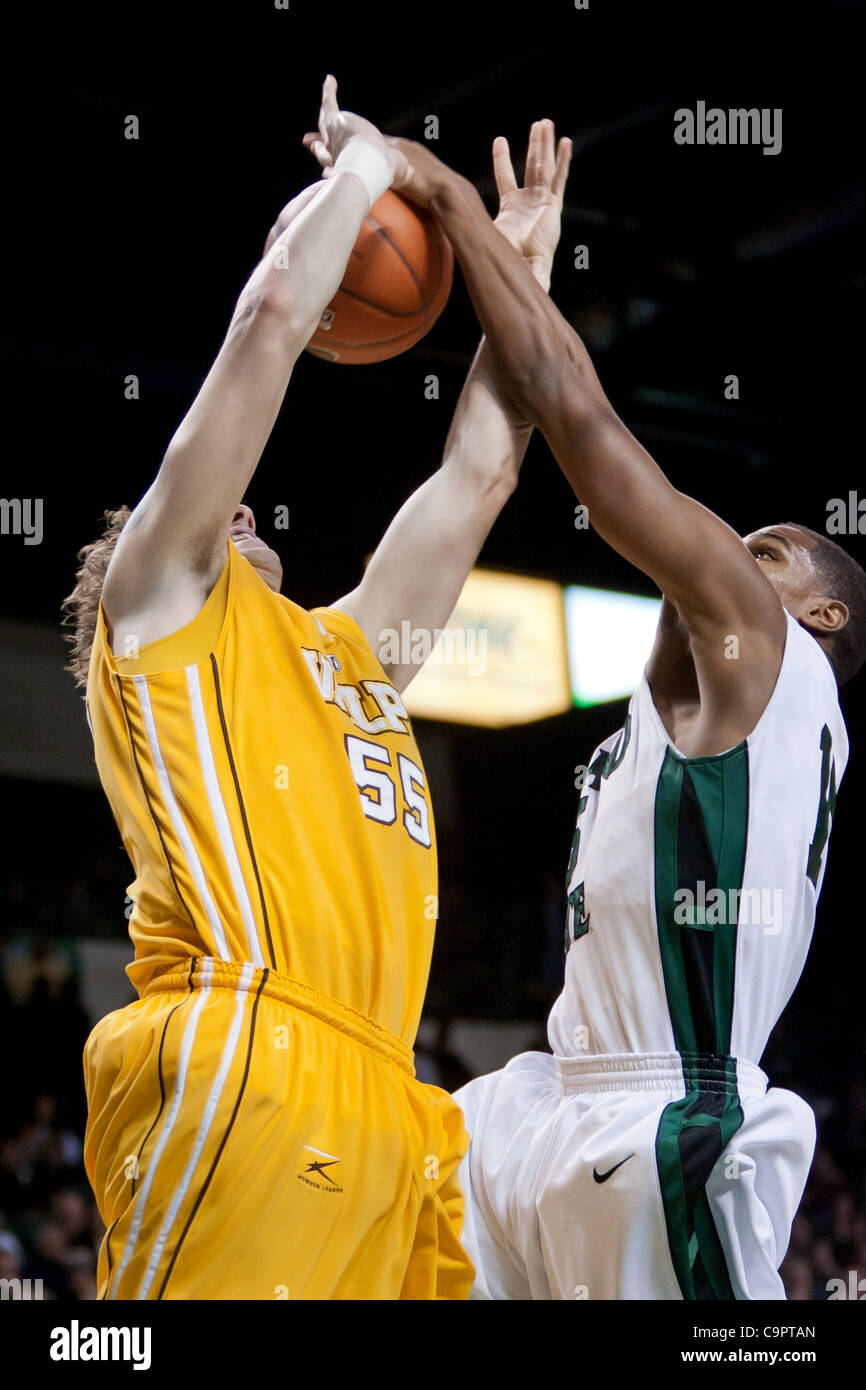 Feb. 9, 2012 - Cleveland, Ohio, U.S - Cleveland State forward Anton Grady (15) blocks the shot of Valparaiso forward Kevin Van Wijk (55) during the first half.  The Valparaiso Crusaders lead the Cleveland State Vikings 29-17 at the half in the game played at the Wolstein Center in Cleveland, Ohio. ( Stock Photo