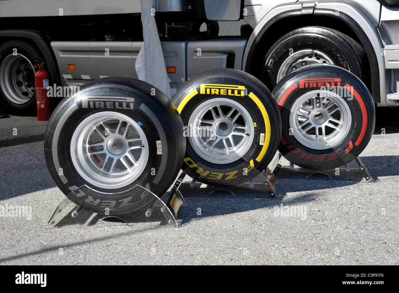 Pirelli racing slicks during Formula One testing   in Jerez, Spain Stock Photo