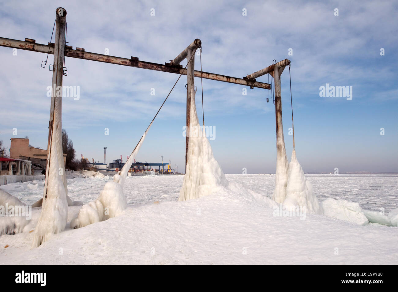 icy pier, frozen Black Sea, a rare phenomenon, last time it occured in 1977, Odessa, Ukraine, Eastern Europe Stock Photo
