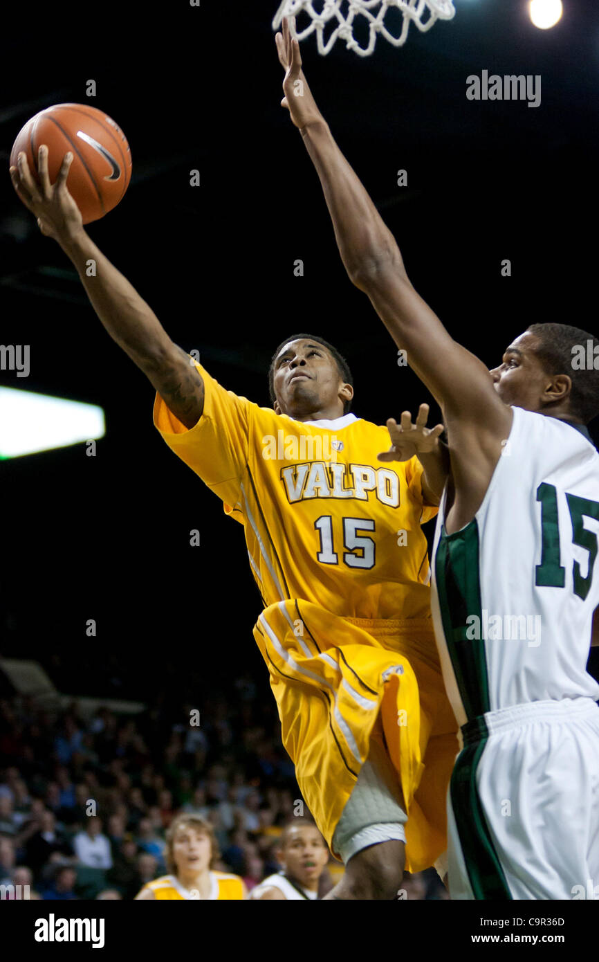 Feb. 9, 2012 - Cleveland, Ohio, U.S - Valparaiso guard Erik Buggs (15) drives to the basket against Cleveland State forward Anton Grady (15) during the first half.  The Valparaiso Crusaders lead the Cleveland State Vikings 29-17 at the half in the game played at the Wolstein Center in Cleveland, Ohi Stock Photo