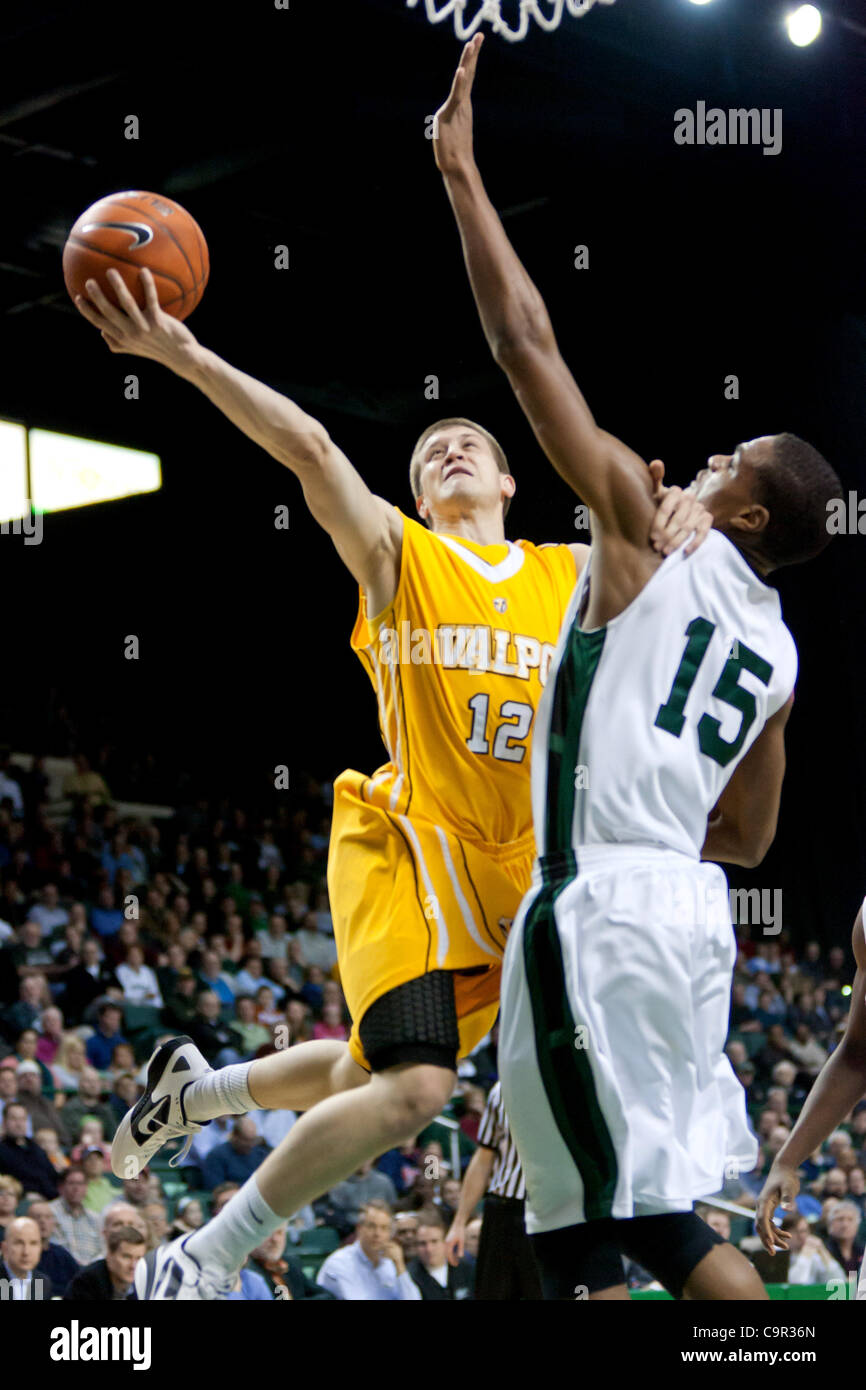 Feb. 9, 2012 - Cleveland, Ohio, U.S - Valparaiso guard Ben Boggs (12) drives to the basket against Cleveland State forward Anton Grady (15) during the first half.  The Valparaiso Crusaders lead the Cleveland State Vikings 29-17 at the half in the game played at the Wolstein Center in Cleveland, Ohio Stock Photo