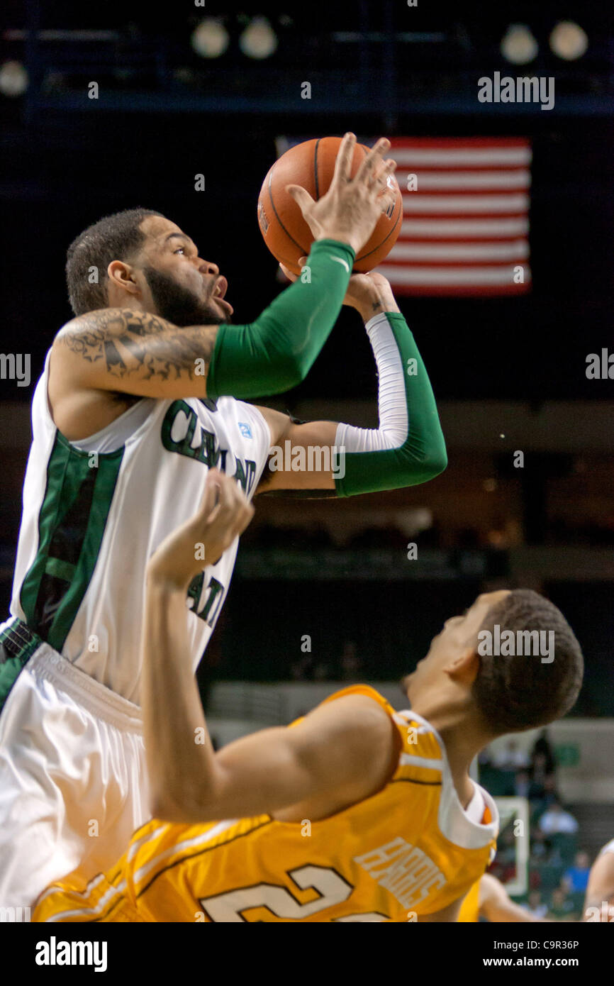 Feb. 9, 2012 - Cleveland, Ohio, U.S - Cleveland State guard Jeremy Montgomery (5) is called for charging against Valparaiso guard Jay Harris (22) during the first half.  The Valparaiso Crusaders lead the Cleveland State Vikings 29-17 at the half in the game played at the Wolstein Center in Cleveland Stock Photo