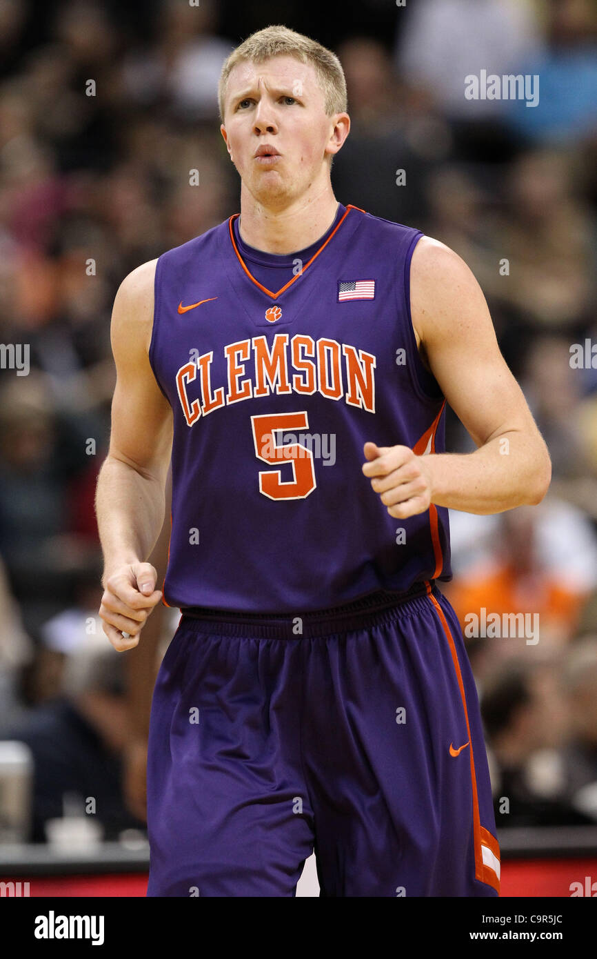 Feb. 11, 2012 - Winston-Salem, North Carolina, United States of America - Clemson Tigers guard Tanner Smith (5) reacts to a long range three pointer he just made.  Clemson leads at halftime over Wake 42-36 at  Lawrence-Joel Coliseum, Winston-Salem, North Carolina. (Credit Image: © Jim Dedmon/Southcr Stock Photo