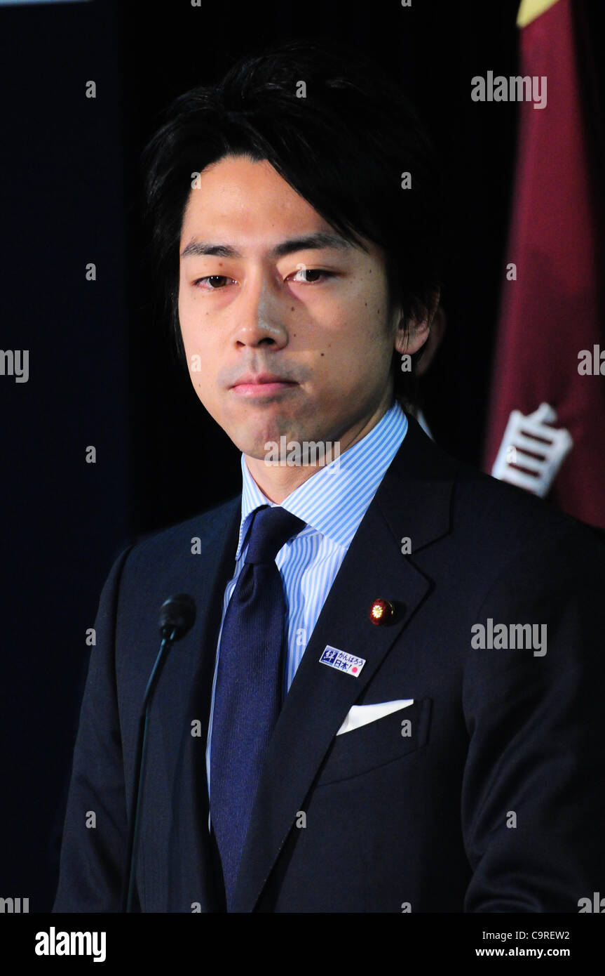 Feb. 10, 2012 - Tokyo, Japan - A lawmaker of Liberal Democratic Party, SHINJIRO KOIZUMI who is the son of the ex-Japanese Prime Minister Junichiro Koizumi, delivers a speech during a press conference announcing a plan to help and support the people living at provisional housings because of the large Stock Photo