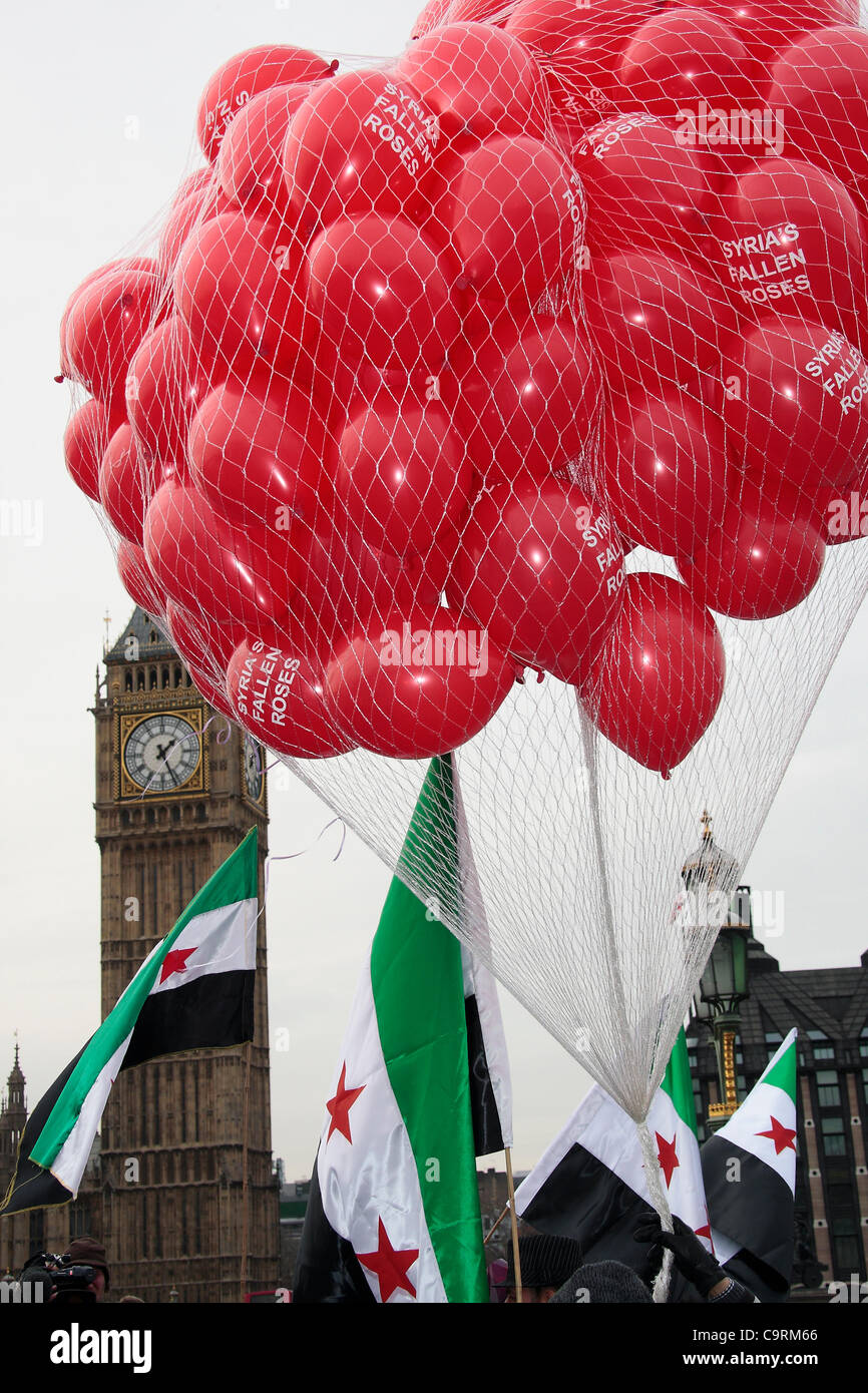 Syrian protesters threw roses and flowers from Westminster Bridge during an event called Roses for Martyrs this afternoon. Balloons were released and roses handed out to passing pedestrians as the group handed out leaflets calling for support in their demands for the Syrian Ambassoder to be expelled Stock Photo