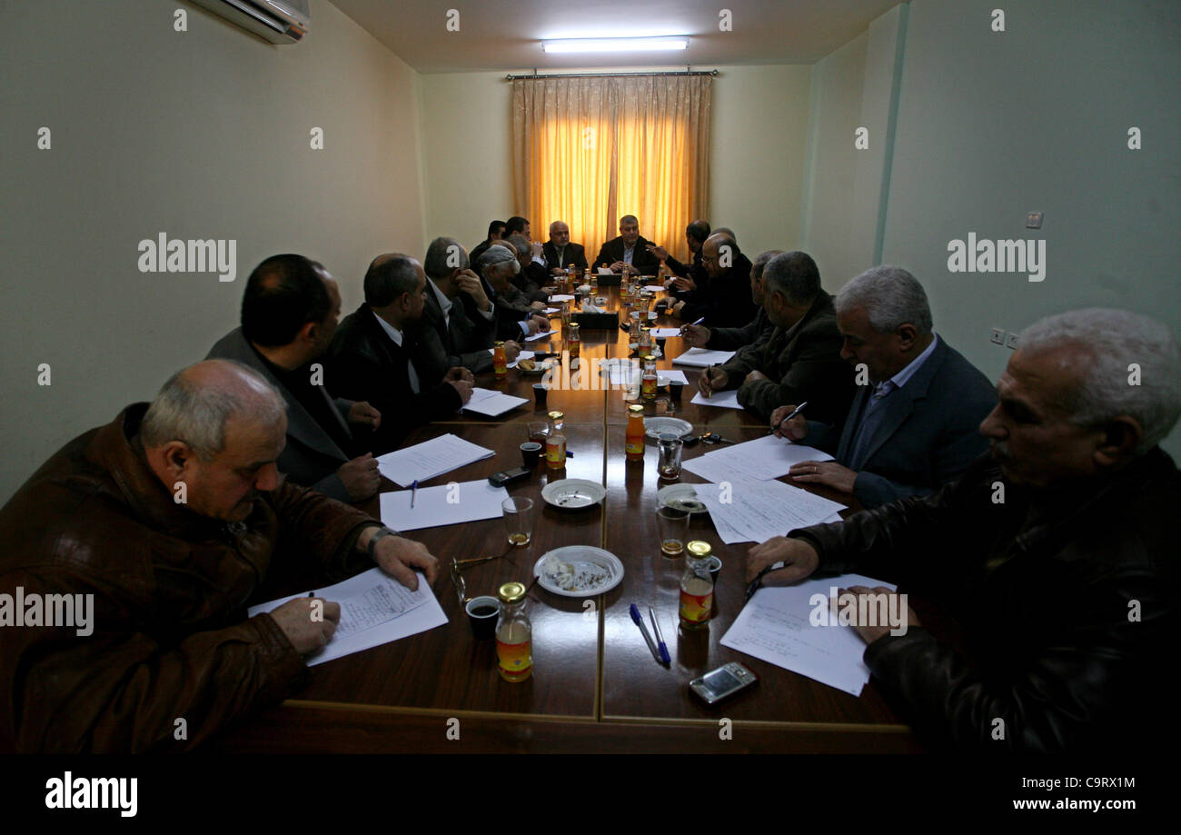 Feb. 15, 2012 - Gaza City, Gaza Strip, Palestinian Territory - Palestinian factions leaders attend a meeting to discuss the issue of the Palestinian prisoner  Khader Adnan, 33 jailed in Israel a jailed senior member of Islamic Jihad who has been on hunger strike for nearly 60 days days as they calle Stock Photo