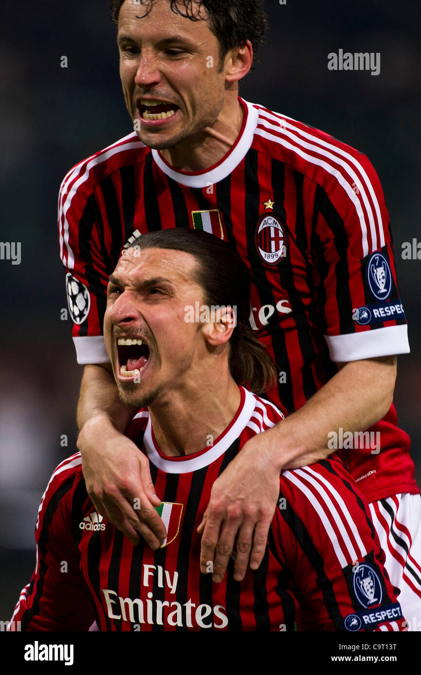 B-T) Zlatan Ibrahimovic, Mark van Bommel (Milan), FEBRUARY 15, 2012 -  Football / Soccer : Zlatan Ibrahimovic of AC Milan celebrates his goal  during the UEFA Champions League Round of 16, 1st, image size:866x1390