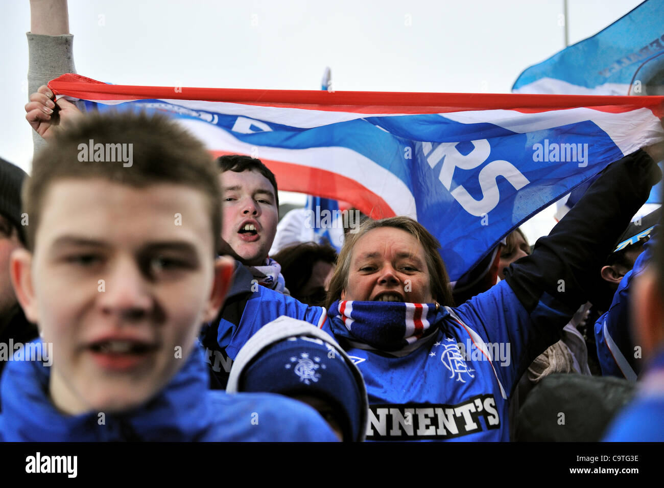 Defiant Rangers fans gather before their game against Kilmarnock, their first game since they went into administration. Rangers' tax bill could reach over £75million, with some commentators speculating that the club may ultimately face liquidation. Stock Photo