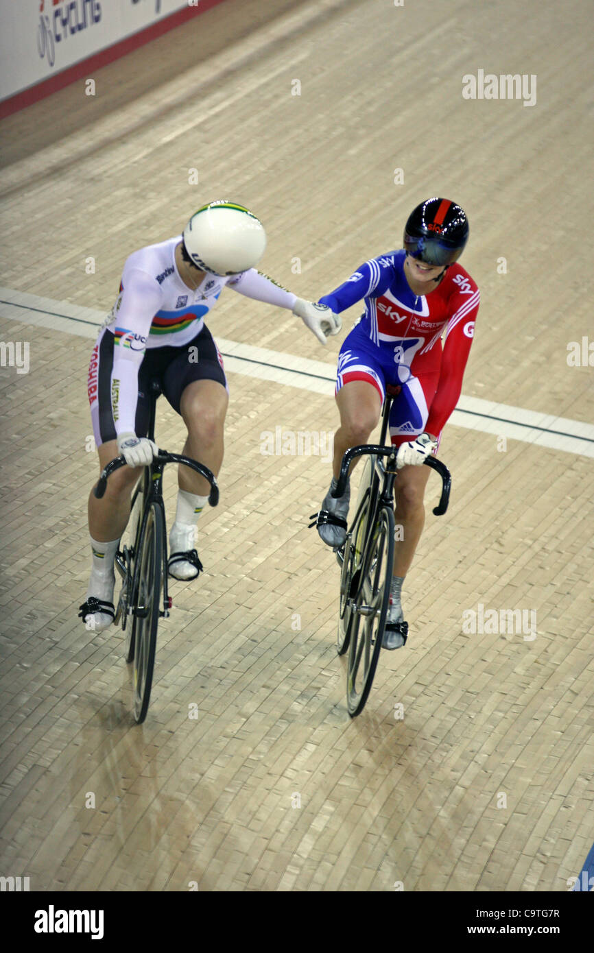 18/02/2012 Anna Meares (AUS) is congratulated by Victoria Pendleton (GBR) in the women's individual Pursuit sprint semi-final at the London Prepares Series UCI World Cup Cycling event at the Olympic velodrome. Stock Photo