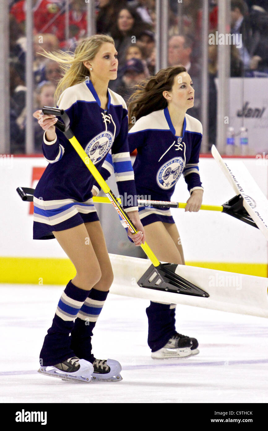 Feb. 18, 2012 - Columbus, Ohio, U.S - Columbus Blue Jackets Ice Girls  leaving the ice after a timeout in the first period of the game between the  Chicago Blackhawks and Columbus
