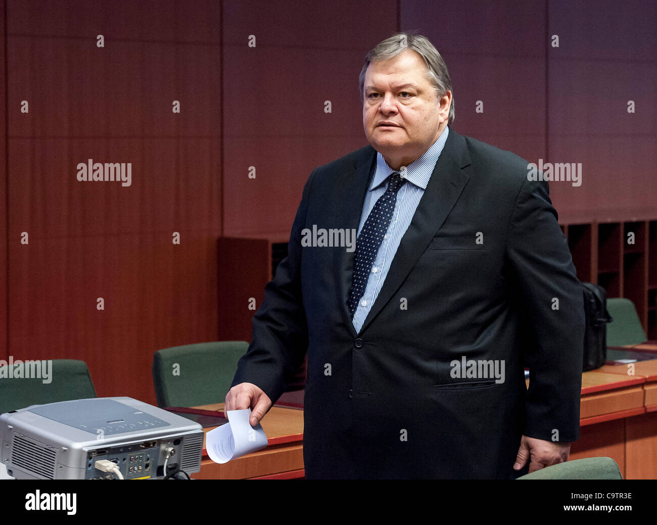 Feb. 20, 2012 - Brussels, BXL, Belgium -  Greek Finance Minister Evangelos Venizelos   prior to the Eurogroup ministerial meeting at the European Council building  in  Brussels, Belgium on 2012-02-20  Eurozone governments will likely approve on Monday a long-elusive rescue package for Greece, saving Stock Photo