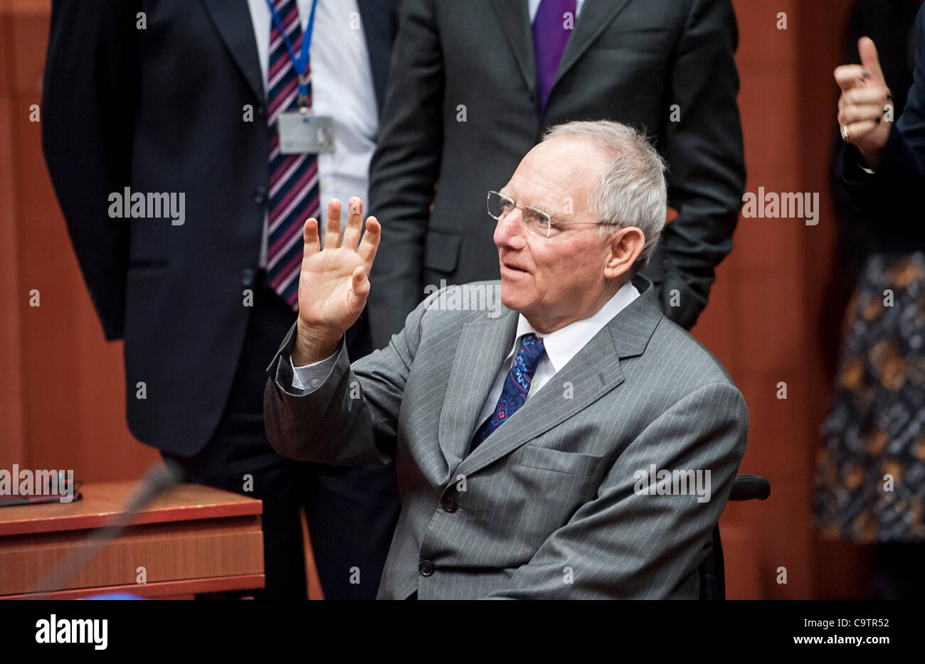 Feb. 20, 2012 - Brussels, BXL, Belgium - (L-R)  German Finance Minister Wolfgang Schaeuble    prior to the Eurogroup ministerial meeting at the European Council building  in  Brussels, Belgium on 2012-02-20  Eurozone governments will likely approve on Monday a long-elusive rescue package for Greece, Stock Photo
