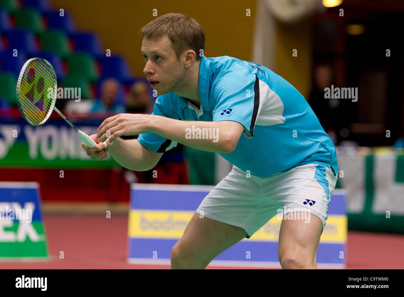 AMSTERDAM, THE NETHERLANDS; 19/02/2012. Badminton player Vitalij Durkin (pictured) and his partner  Alexandr Nikolaenko from Russia lose their match against the English in the bronze medal match of the European Team Championships Badminton 2012 in Amsterdam. Stock Photo