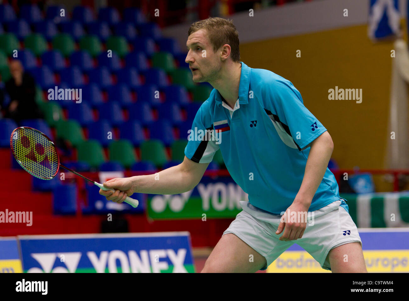 AMSTERDAM, THE NETHERLANDS; 19/02/2012. Badminton player Alexandr Nikolaenko (pictured) and his partner Vitalij Durkin from Russia lose their match against the English in the bronze medal match of the European Team Championships Badminton 2012 in Amsterdam. Stock Photo