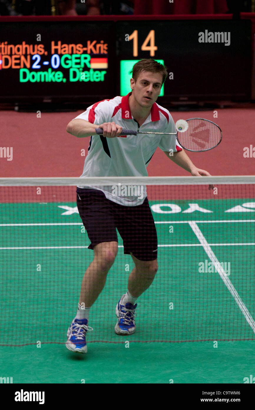 AMSTERDAM, THE NETHERLANDS, 19/02/2012. Badminton player Hans-Kristian  Vittinghus (Denmark, pictured) wins his match against Dieter Domke  (Germany) in the finals of the European Team Championships Badminton 2012  in Amsterdam Stock Photo - Alamy