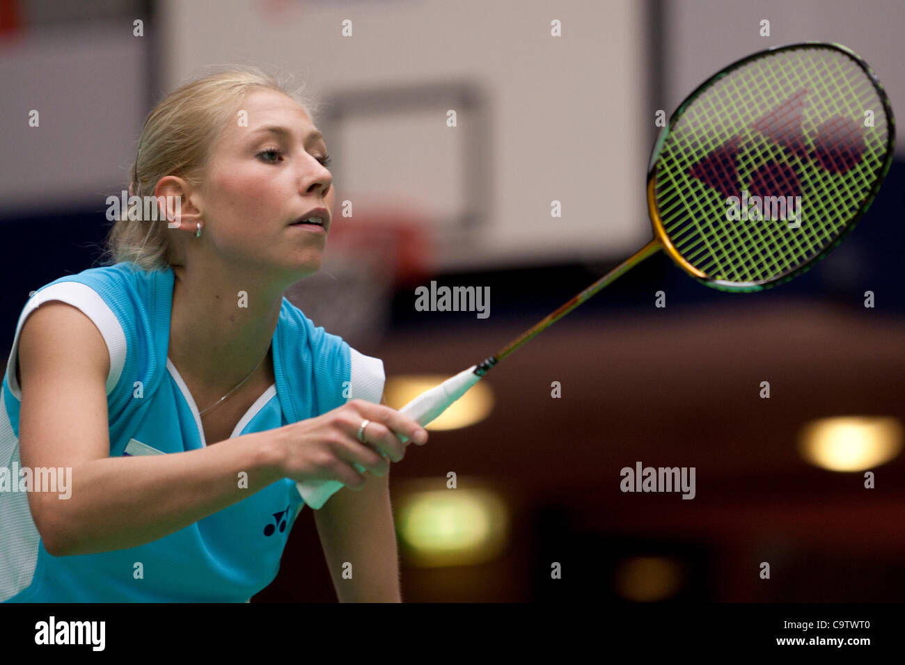 AMSTERDAM, THE NETHERLANDS, 19/02/2012. Badminton player Anastasia Prokopenko (Russia, pictured) loses her match against Judith Meulendijks (the Netherlands) in the finals of the European Team Championships Badminton 2012 in Amsterdam. Stock Photo