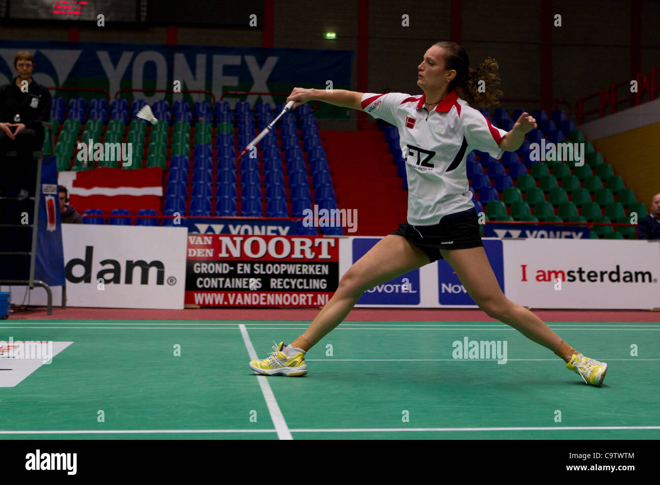 AMSTERDAM, THE NETHERLANDS, 19/02/2012. Badminton player Tine Baun  (Denmark, pictured) wins her match against Juliana Schenk (Germany) in the  finals of the European Team Championships Badminton 2012 in Amsterdam Stock  Photo - Alamy