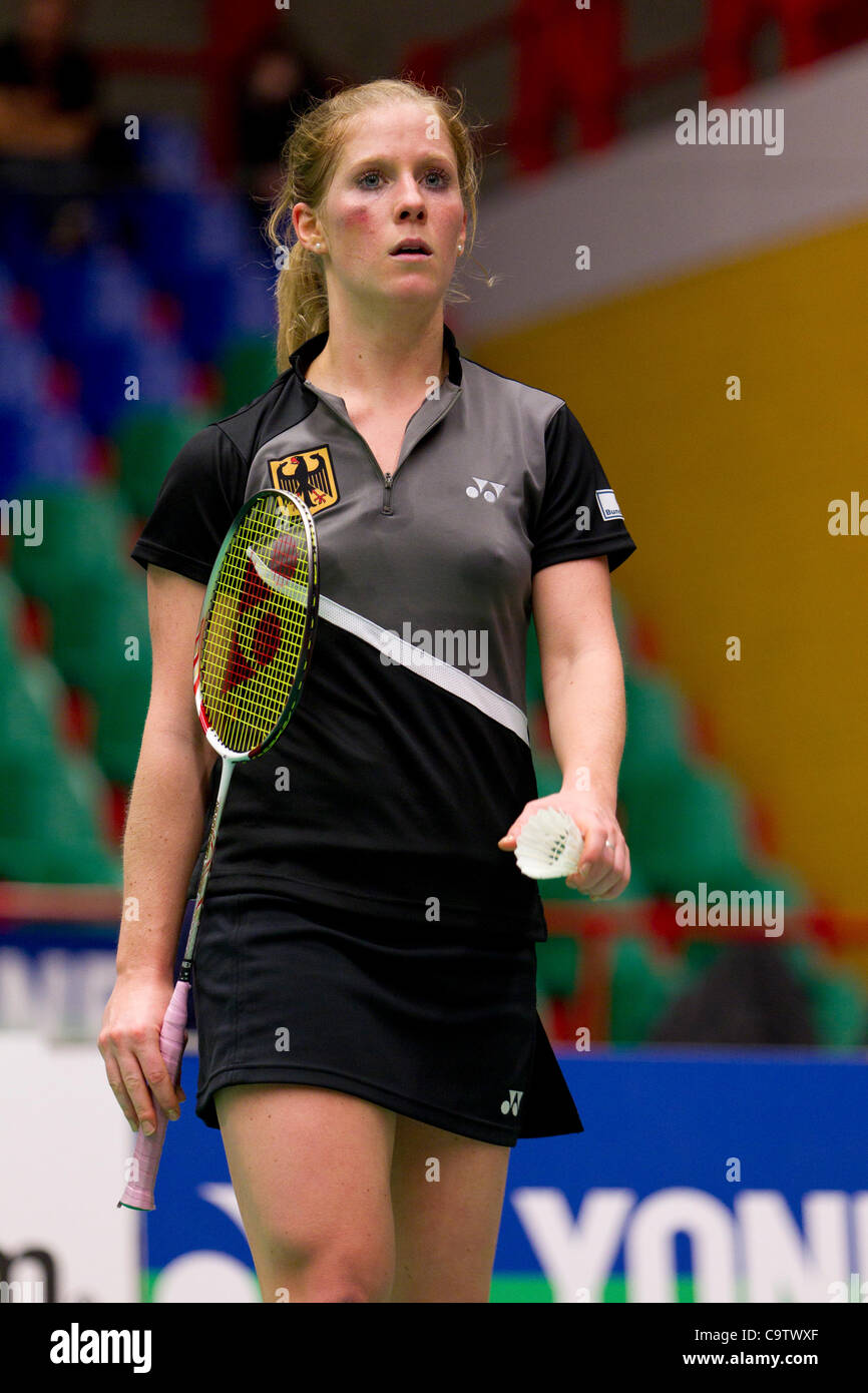 AMSTERDAM, THE NETHERLANDS, 19/02/2012. Badminton player Karin Schnaase  (Germany, pictured) wins her match against Line Kjaersfeldt in the finals  of the European Team Championships Badminton 2012 in Amsterdam Stock Photo  - Alamy