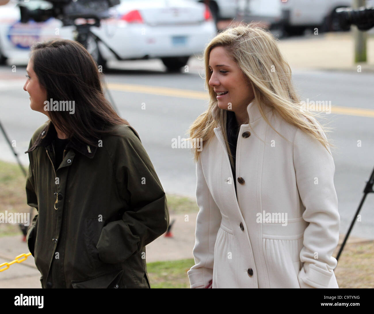 Feb. 18, 2012 - Charlottesville, Virginia, UNITED STATES - CHARLOTTESVILLE, VA - FEBRUARY 17:  Caroline Wattenmaker, left, and Kate Kamber, right, both testified they were at George Huguely's apartment when Yeardley Love argued and hit  Huguely over the head with her purse a week prior to her murder Stock Photo