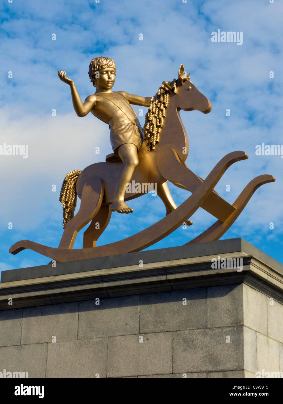 'Powerless Structures, Fig. 101' nicknamed 'Golden Boy' by Michael Elmgreen & Ingar Dragset, Trafalgar square's Fourth Plinth unveiled by Joanna Lumley, London, UK, on Thursday, 23rd February 2012 Stock Photo