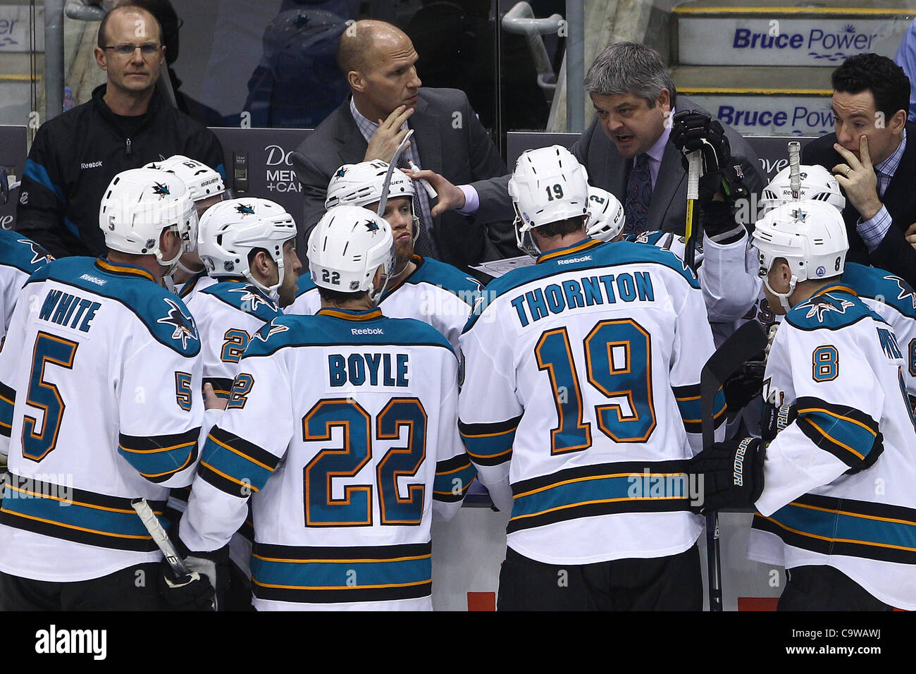 Feb. 23, 2012 - Toronto, Ontario, Canada - San Jose Sharks head coach Todd McLellan discusses strategy with his team during a timeout against the Toronto Maple Leafs in NHL action at the Air Canada Centre in Toronto, Ontario. San Jose defeated Toronto 2-1. (Credit Image: © Jay Gula/Southcreek/ZUMAPR Stock Photo