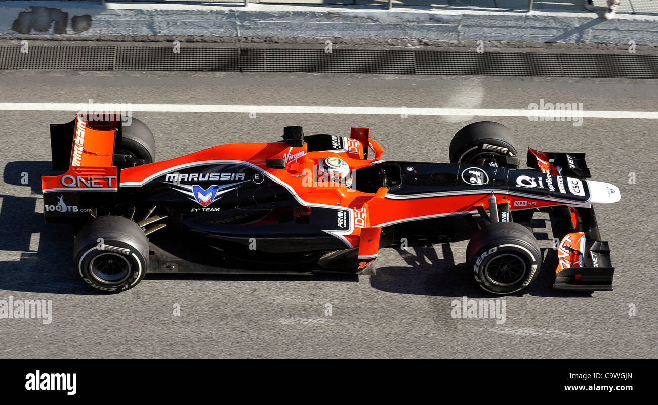 Timo Glock (GER) in the Virgin MVR-01 during Formula One testing sessions on Circuito Catalunya, Spain Stock Photo