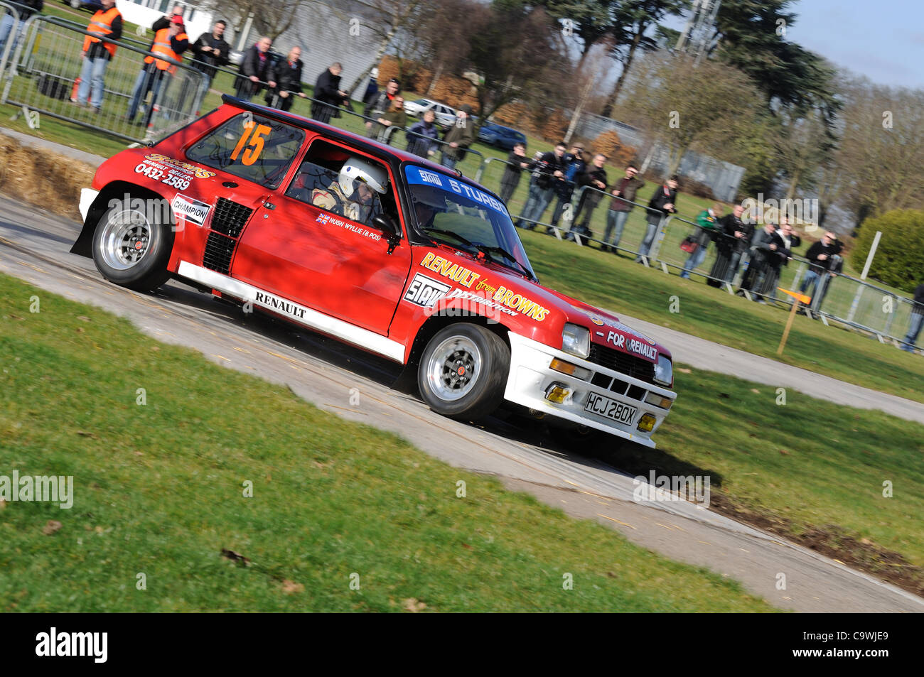 25th Feb 2012 - Stoneleigh Park, Coventry, UK.  Kevin Jones drivng a 1981 Renault 5 Turbo in the Live Rally Stage at Race Retro Stock Photo