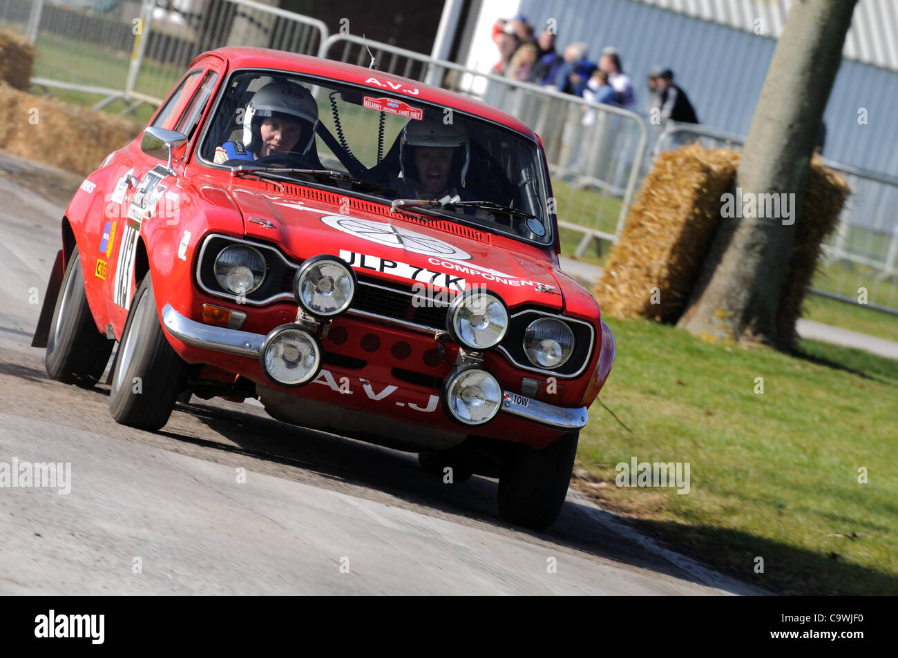 25th Feb 2012 - Stoneleigh Park, Coventry, UK.  Kevin Jones driving a 1972 Ford Escort RS1600 MK1 in the Live Rally Stage at Race Retro Stock Photo