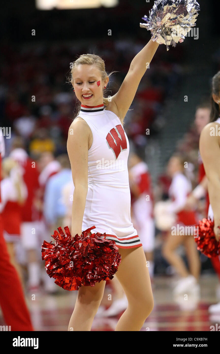 Feb. 28, 2012 - Madison, Wisconsin, U.S - Wisconsin Badger cheerleader during a timeout in the game. The Wisconsin Badgers defeated the Minnesota Golden  Gophers 52-45 at the Kohl Center in Madison, Wisconsin. (Credit Image: © John Fisher/Southcreek/ZUMAPRESS.com) Stock Photo