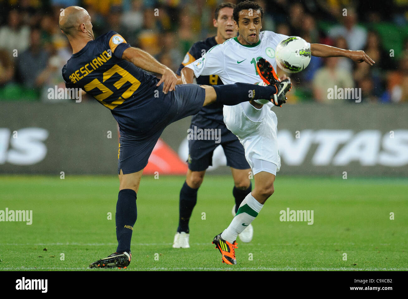 Feb. 29, 2012 - Melbourne, Victoria, Australia - Mark BRESCIANO (23) of Australia and Mohammad AL SHALHOUB (10) of Saudi Arabia fight for the ball during the FIFA 2014 World Cup Group D Asian Qualifier match between Australia and Saudi Arabia at AAMI Park in Melbourne, Australia. (Credit Image: © Sy Stock Photo