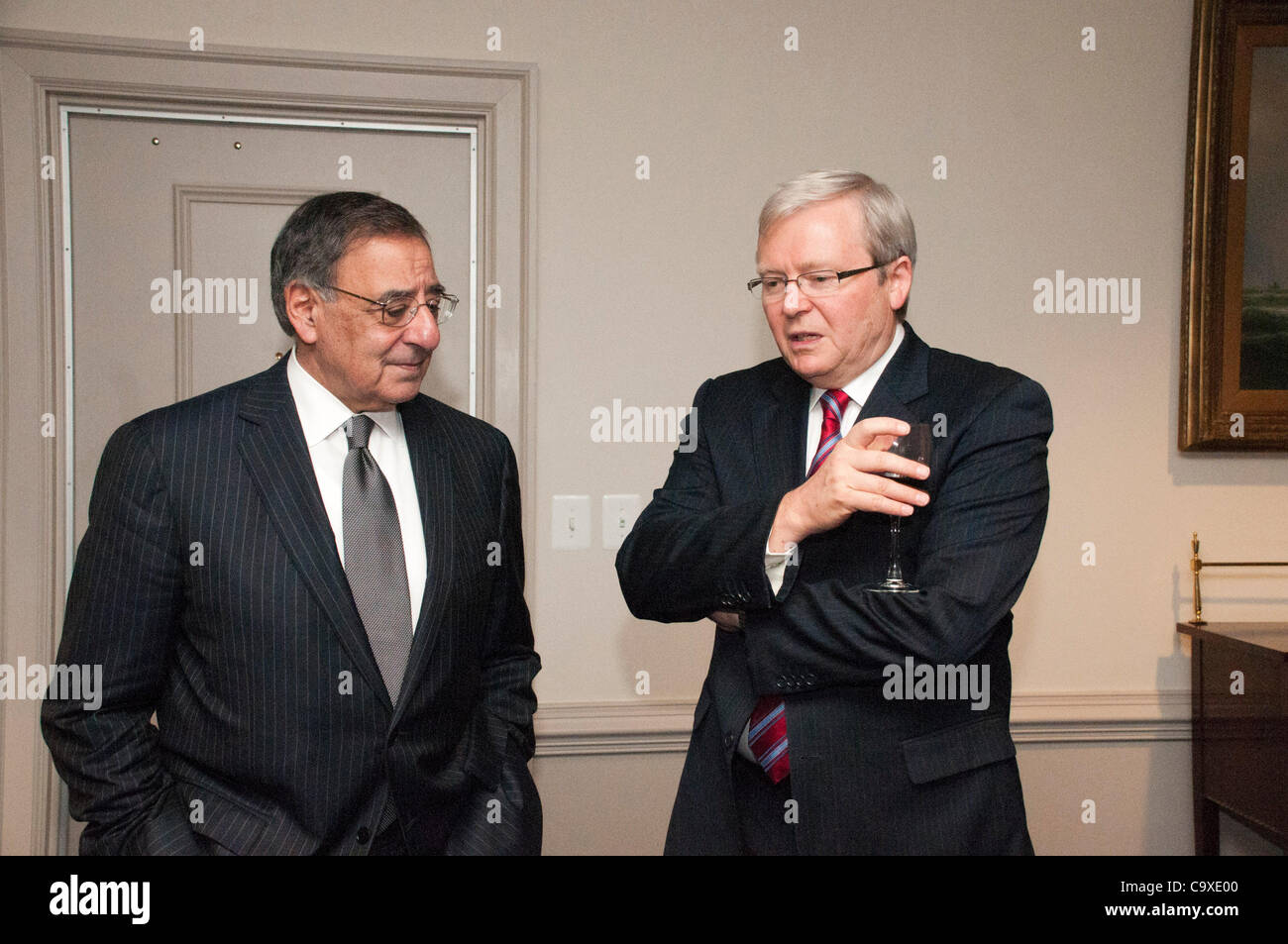 Australian Foreign Minister Kevin Rudd (right) meets with Defense Secretary Leon E. Panetta at the Pentagon in Arlington, VA. on Weds. Feb. 21, 2012. Stock Photo