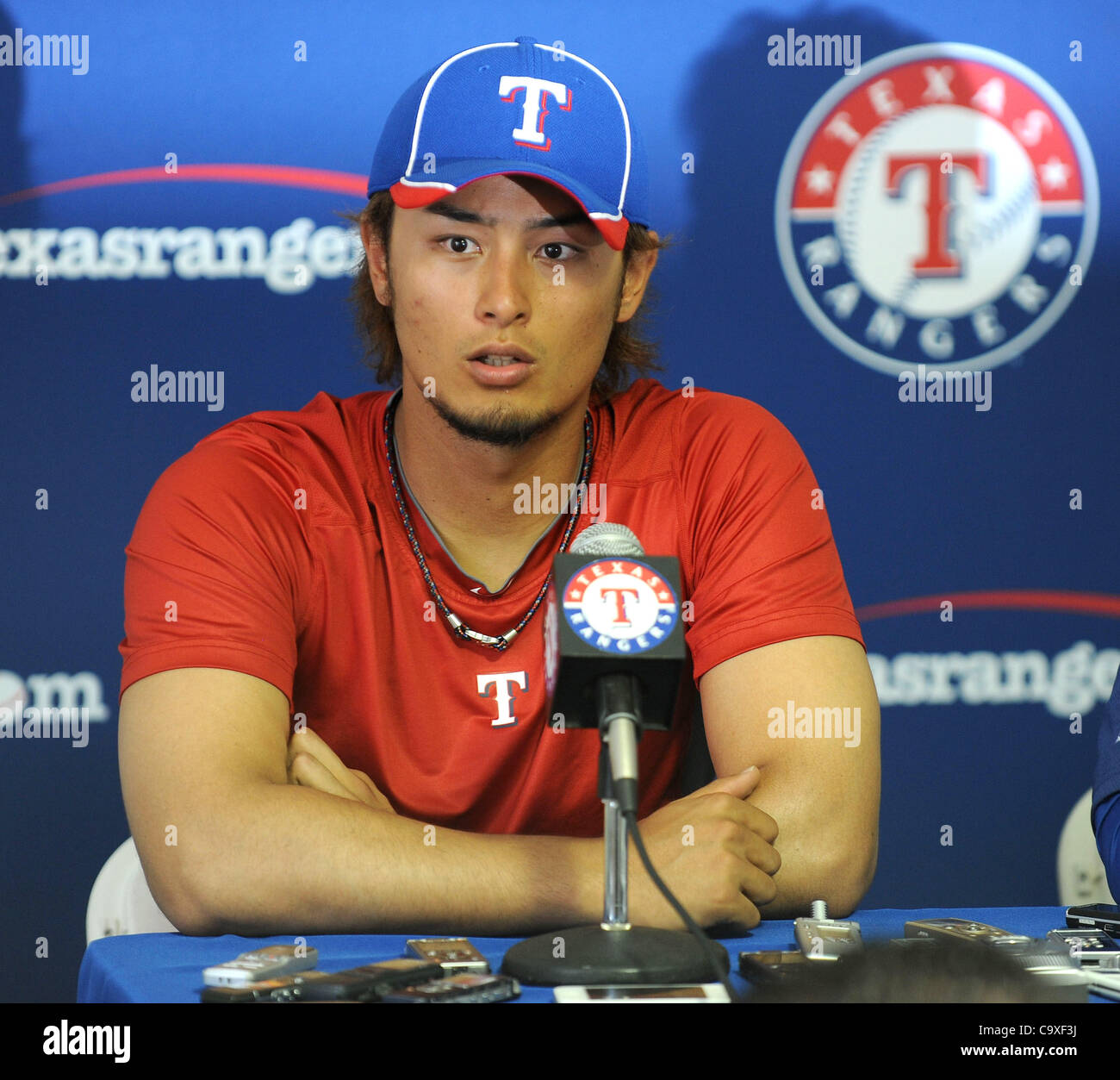 Yu Darvish of the Texas Rangers attends 