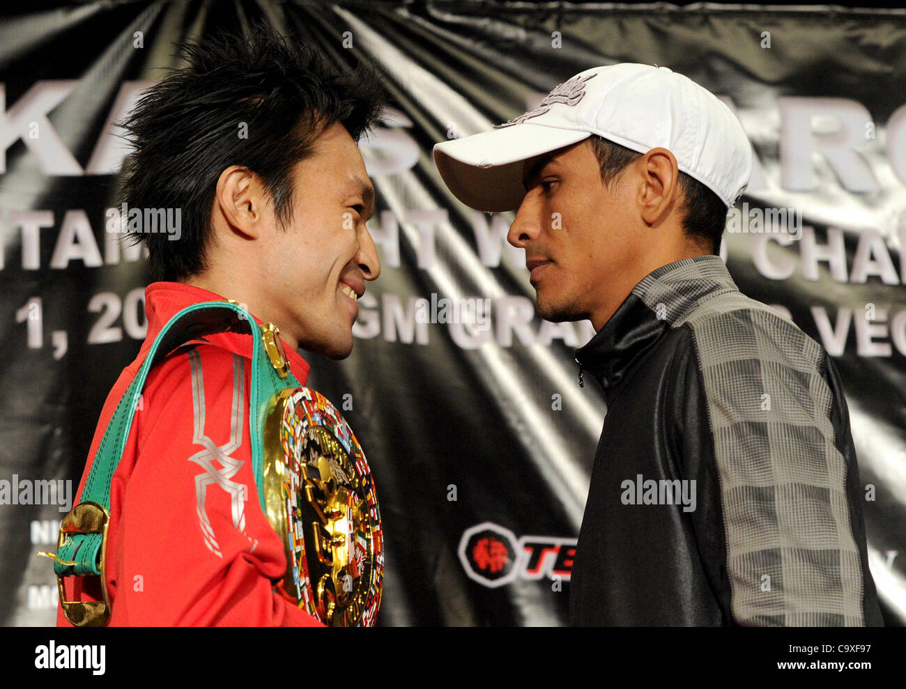 (L-R) Toshiaki Nishioka (JPN), Rafael Marquez (MEX), OCTOBER 1, 2011 - Boxing : Toshiaki Nishioka of Japan and Rafael Marquez of Mexico face off during the press conference for their title bout which will take place on October 1 at MGM Grand in Las Vegas, Nevada, United States. (Photo by Naoki Fukud Stock Photo