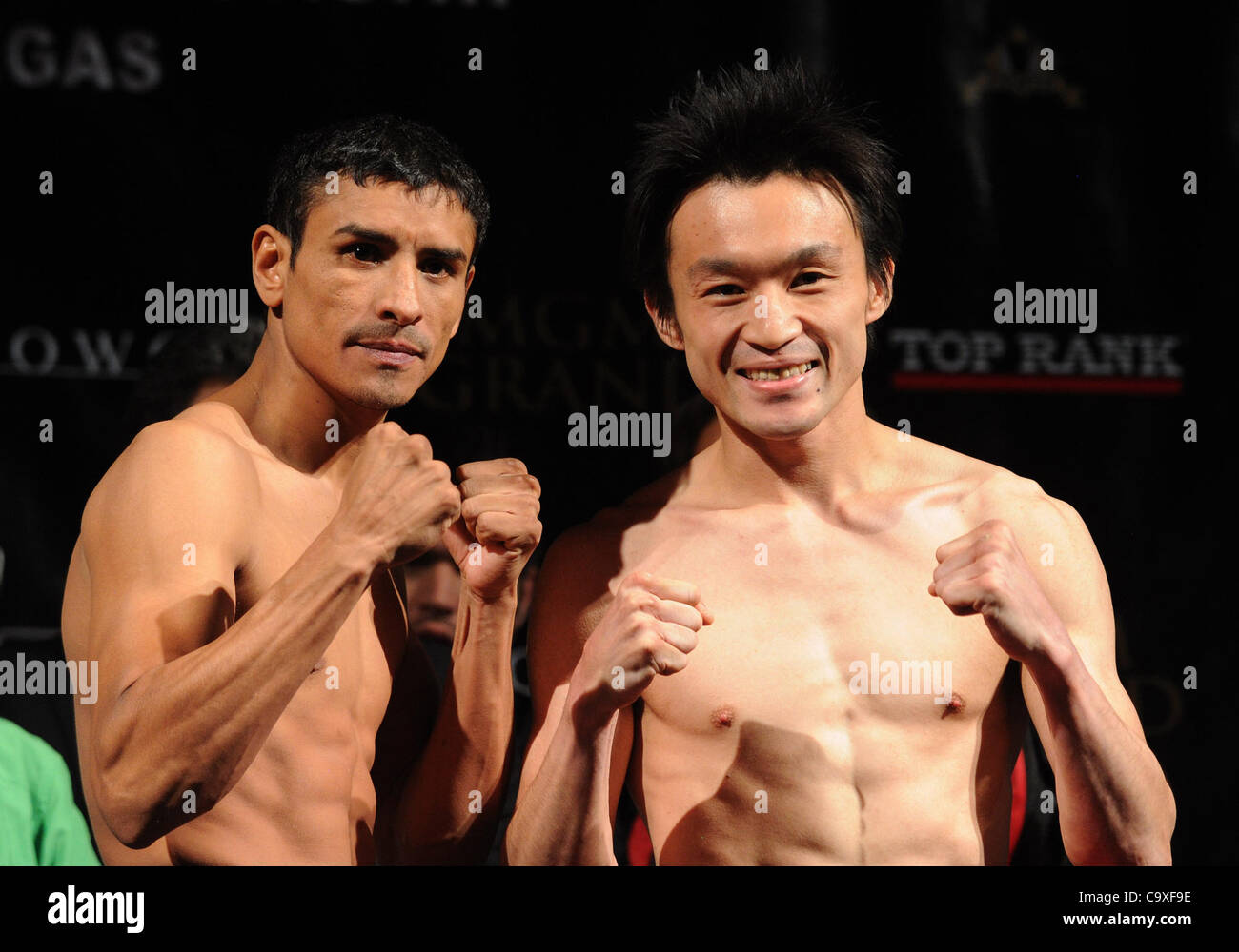 (L-R) Rafael Marquez (MEX), Toshiaki Nishioka (JPN), SEPTEMBER 30, 2011 - Boxing : Rafael Marquez of Mexico and Toshiaki Nishioka of Japan pose during the official weigh-in for their WBC super bantamweight title bout at MGM Grand in Las Vegas, Nevada, United States. (Photo by Naoki Fukuda/AFLO Stock Photo