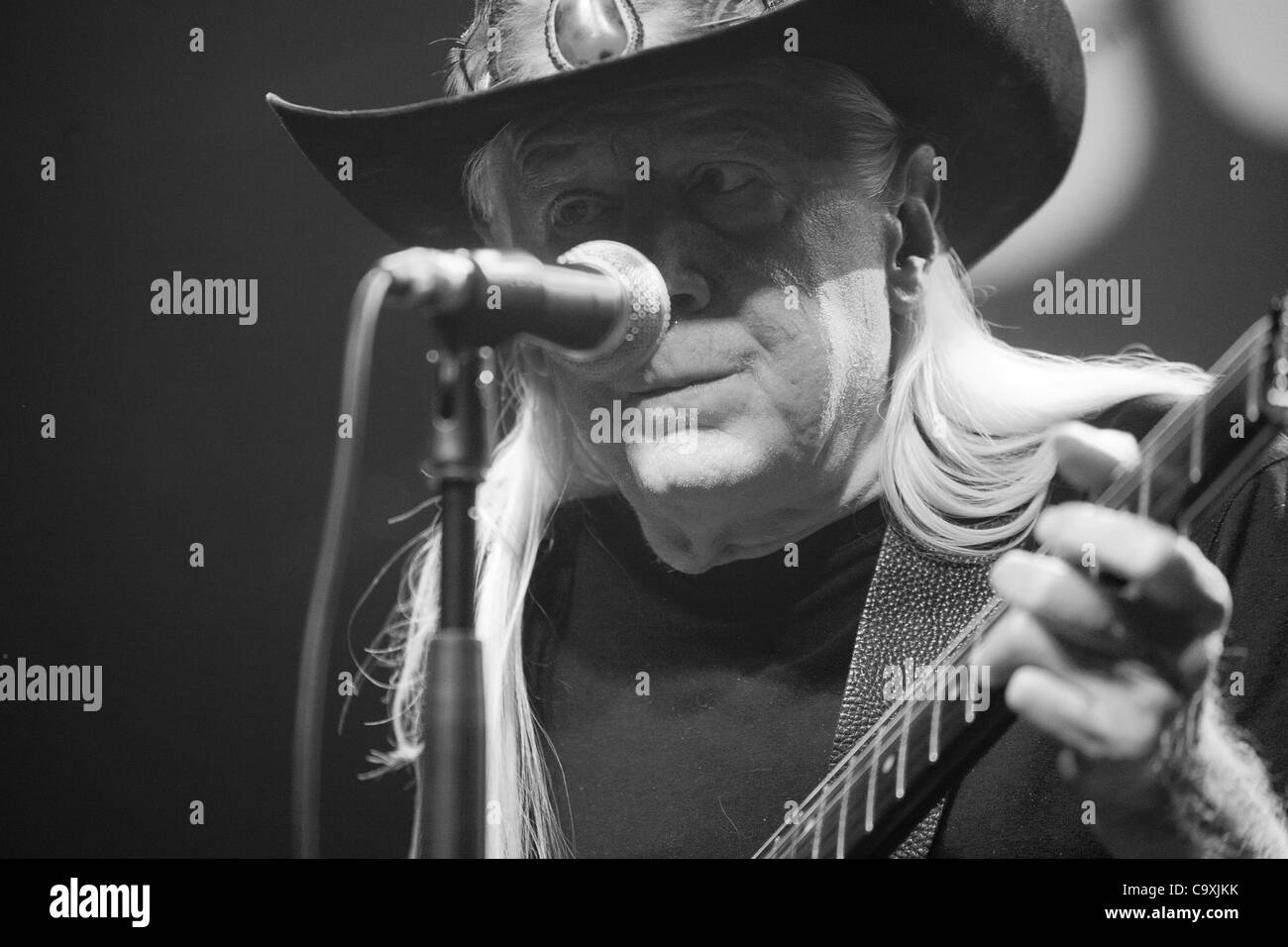 ZAGREB, CROATIA 01/03/2012. Blues guitarist Johnny Winter performing at the Culture Factory in Zagreb, Croatia. He is a member of the Blues Foundation Hall of Fame and produced three Grammy winning albums for Muddy Waters Stock Photo