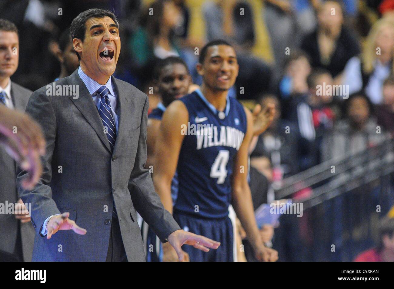 Mar. 01, 2012 - Newark, New Jersey, U.S. - Villanova Wildcats head coach Jay Wright implores his team to calm down during second half NCAA Men's Big East Basketball action between Rutgers and Villanova at the Louis Brown Athletic Center. Villanova defeated Rutgers 77-71. (Credit Image: © Will Schnee Stock Photo