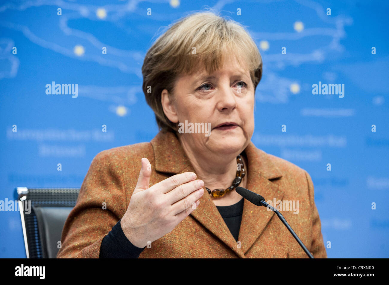 March 2, 2012 - Brussels, BXL, Belgium - Germany's Chancellor Angela Merkel   addresses a news conference at the end of a European Union leaders summit  in  Brussels, Belgium on 2012-03-02   by Wiktor Dabkowski (Credit Image: © Wiktor Dabkowski/ZUMAPRESS.com) Stock Photo