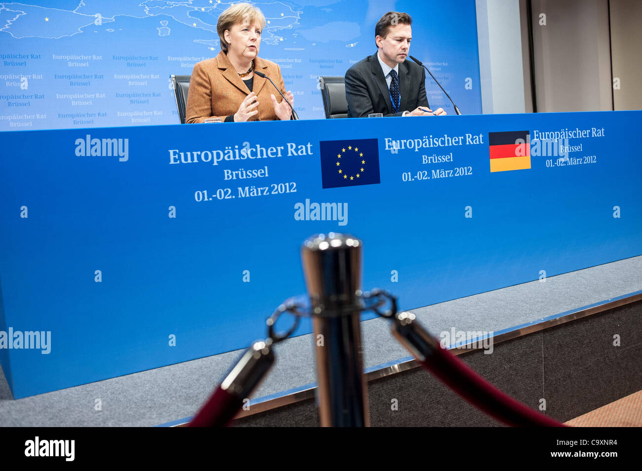 March 2, 2012 - Brussels, BXL, Belgium - Germany's Chancellor Angela Merkel   addresses a news conference at the end of a European Union leaders summit  in  Brussels, Belgium on 2012-03-02   by Wiktor Dabkowski (Credit Image: © Wiktor Dabkowski/ZUMAPRESS.com) Stock Photo