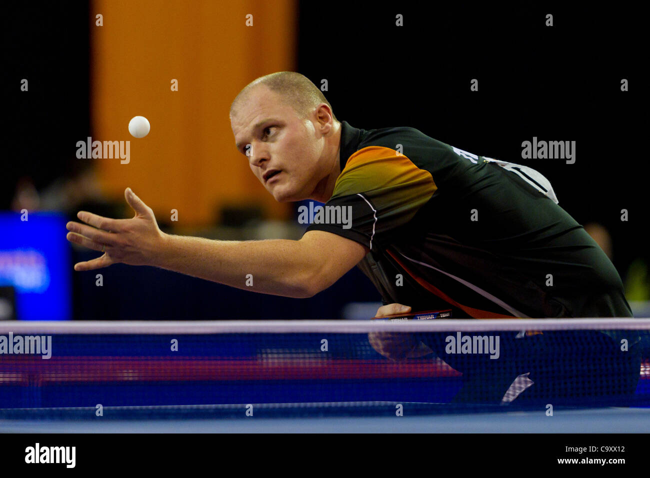 EINDHOVEN, THE NETHERLANDS, 03/03/2012. Table tennis player Barry Weijers (pictured) wins his match against Gerard Bakker at the Dutch table tennis championships 2012 in Eindhoven. Stock Photo