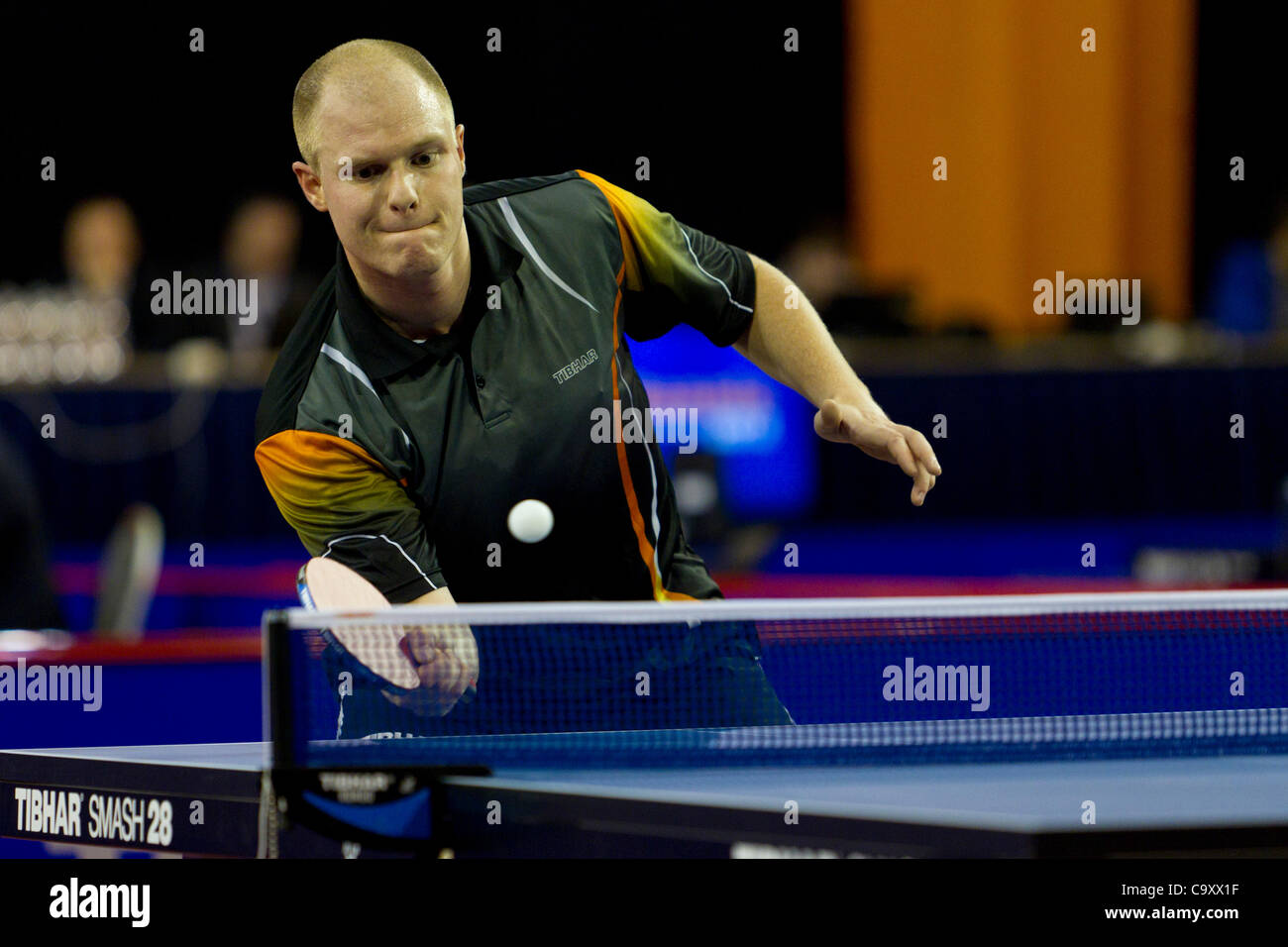 EINDHOVEN, THE NETHERLANDS, 03/03/2012. Table tennis player Barry Weijers (pictured) wins his match against Gerard Bakker at the Dutch table tennis championships 2012 in Eindhoven. Stock Photo