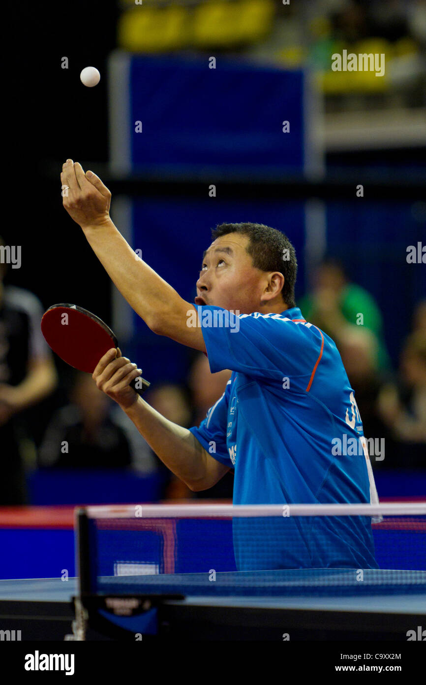 EINDHOVEN, THE NETHERLANDS, 03/03/2012. Table tennis player Qiang Liu (pictured) loses his match against Koen Hageraats at the Dutch table tennis championships 2012 in Eindhoven. Stock Photo