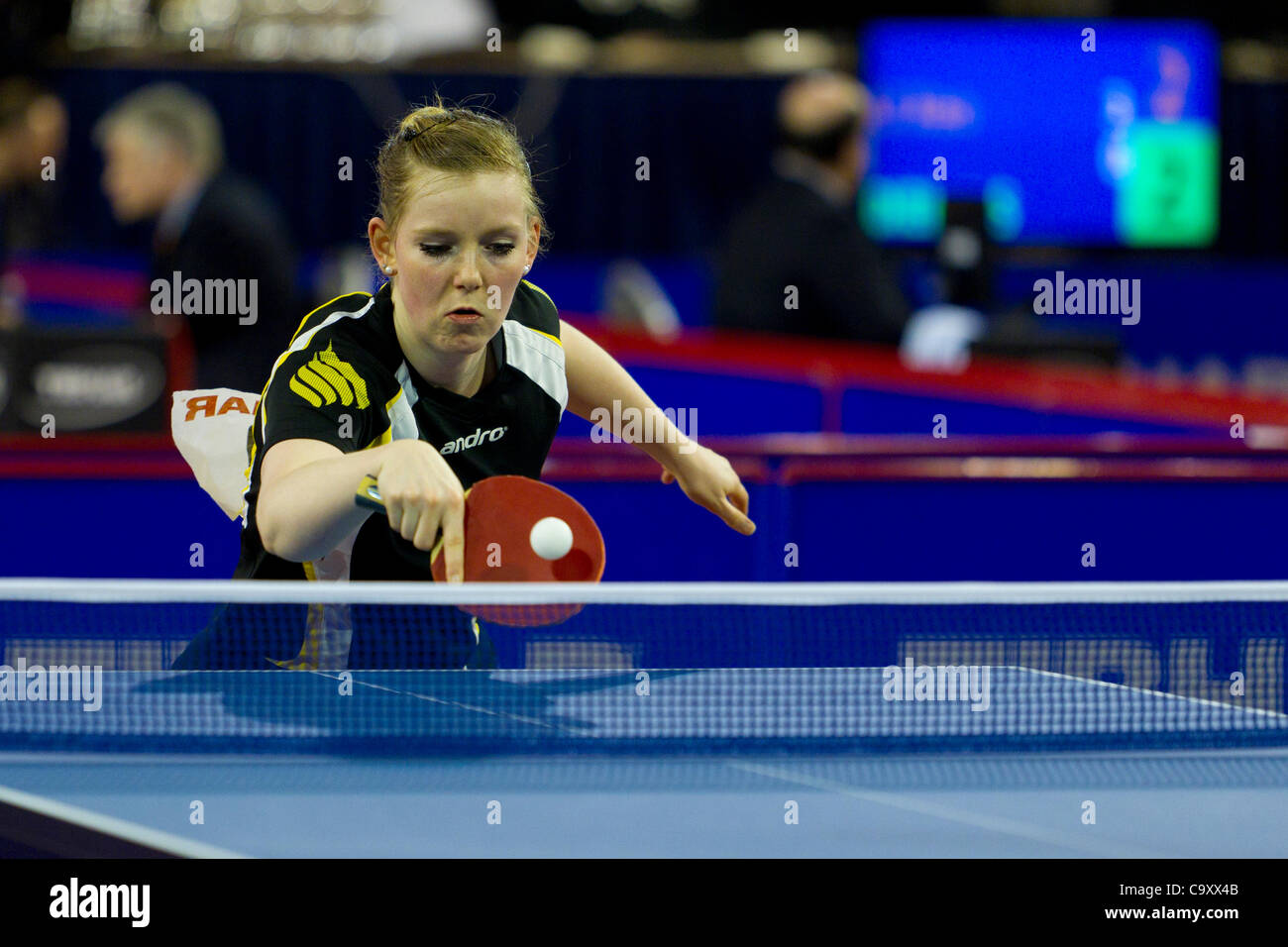 EINDHOVEN, THE NETHERLANDS, 03/03/2012. Table tennis player Britt Eerland (pictured) wins her match against Tali Cohen at the Dutch table tennis championships 2012 in Eindhoven. Stock Photo