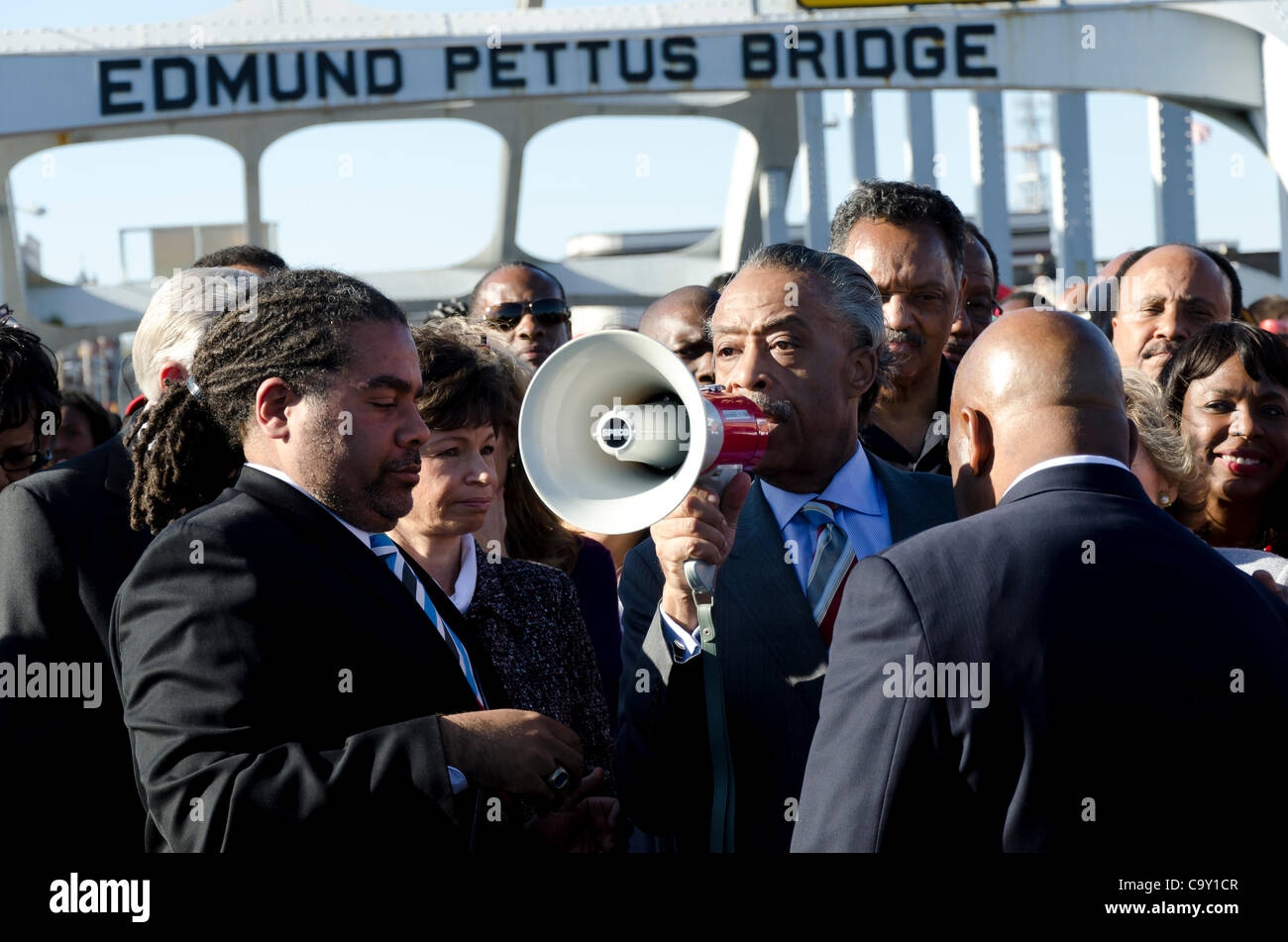 Reverend Al Sharpton speaks to crowd on the Edmund Pettus Bridge before starting the Selma to Montgomery march on March 4, 2012.  This march was to commemorate the 1965 voting rights march in Alabama, United States. Stock Photo