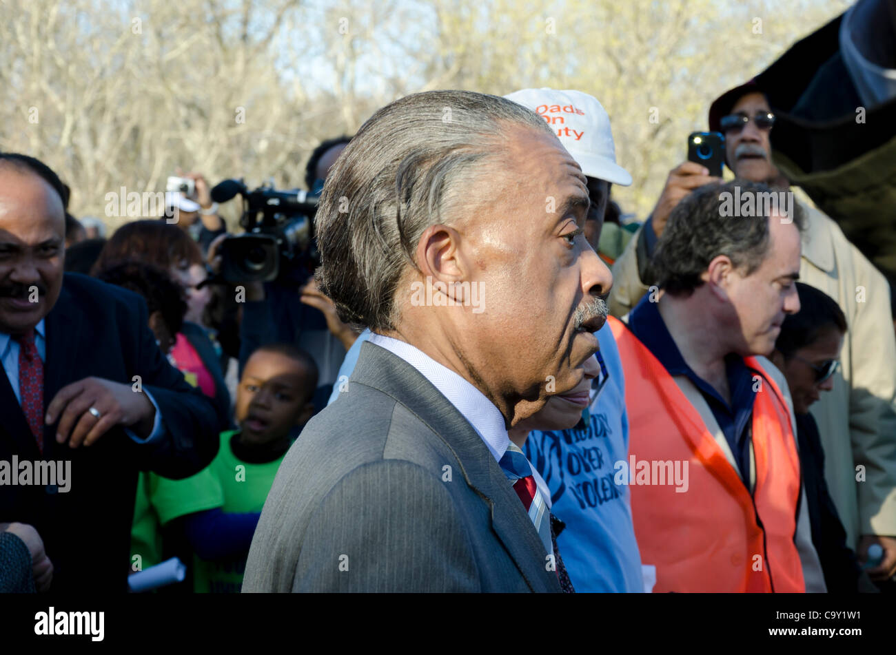 Reverend Al Sharpton and others begin march from Selma to Montgomery on Sunday, March 4, 2012.  This march was a reenactment to commemorate the 1965 voting rights march in Alabama, United States. Stock Photo