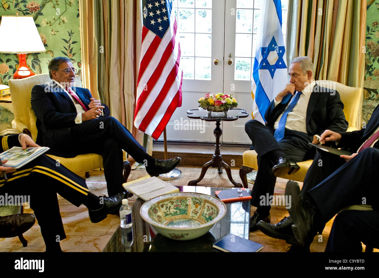 Defense Secretary Leon E. Panetta meets with Israeli Prime Minister Benjamin Netanyahu at Blair House, Washington, D.C., March 5, 2012. Stock Photo
