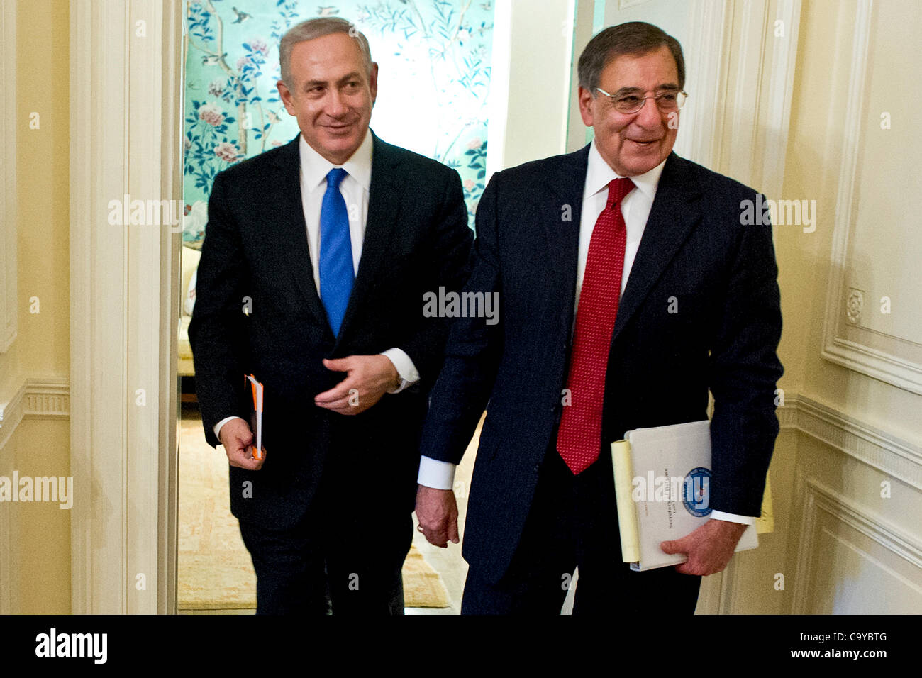 Defense Secretary Leon E. Panetta with Israeli Prime Minister Benjamin Netanyahu after their meeting at Blair House, Washington, D.C., March 5, 2012. Stock Photo