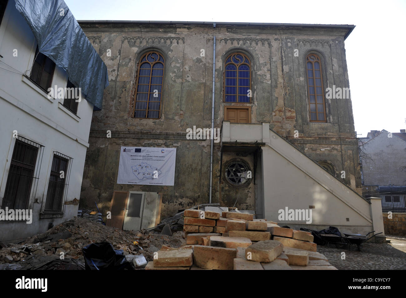 Extensive reconstructions taking place in synagogues in Pilsen. Old synagogue (pictured) is being reconstructed with support of the EU. After the reconstruction synagogue will continue to host cultural events and will also serve as prayer room for small jewish community of the city. Pilsen, Czech Re Stock Photo