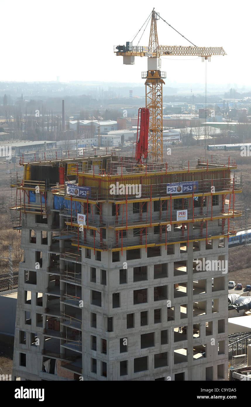 AZ Tower which will be the tallest scyscraper in the Czech Republic continues in construction after heavy frosts in Brno, Czech Republic on March 5, 2012. 111 meters tall frame of the building should be ready according plans by the end of October and the whole building should be after inspection in Stock Photo