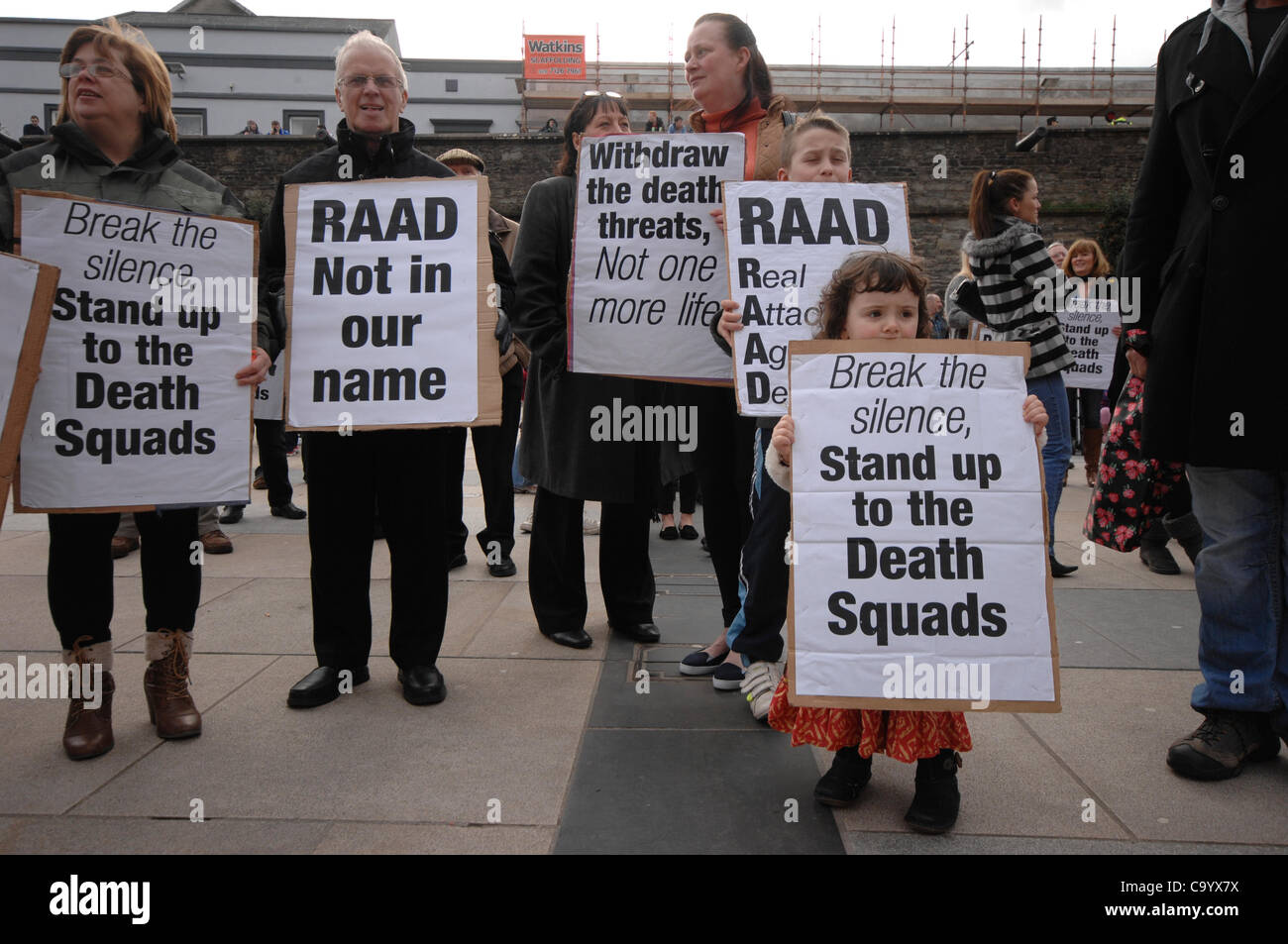 10 March 2012 - Londonderry, Northern Ireland, UK - Protesters attend a rally calling for a republican vigilante group,  Republican Action Against Drugs (RAAD) to disband following punishment shootings in the Bogside on Wednesday, death  threats and the killing of a father of two last month. Stock Photo